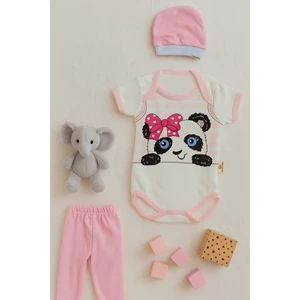 3 Lü Set %100 Pamuk 3-6 / 6-9 / 9-12 Ay Kız Pembe Pandalı Zıbınlı Takım