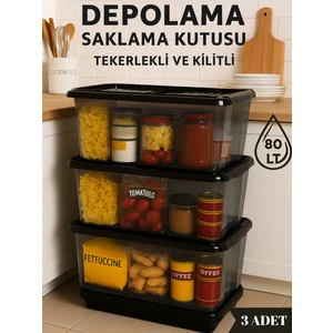 80 Lt Tekerlekli ve Kilitli Saklama Kutusu 3'lü Set Gıda Temasına Uygun Antrasit Depolama Kutusu