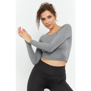 Tommy Life Gri Melanj Uzun Kollu Dar Kalıp  O Yaka Kadın Crop Top T-Shirt - 97150