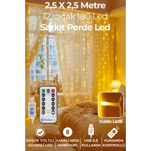 2,5 x 2,5 M Kumandalı Perde LED 8 Modlu Kalın Kablolu 12 Saçak 180 LED Dekoratif Aydinlatma Parti organizasyon