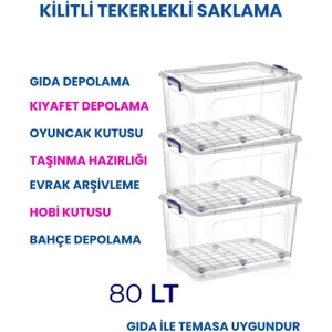 80 Lt Tekerlekli Şeffaf Saklama Kutusu Kilit Kapaklı Gıda Temasına Uygun Kıyafet ve Oyuncak Depolama