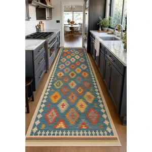 Ürgüp 04 Navy %100 Pamuk ile Üretilen Etnik Desenlere Sahip Yıkanabilir Çift Taraflı Ince Kilim