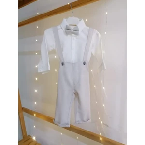 Papyonlu 3'lü Bej Klasik Erkek Bebek Salopet Takım Özel Gün Kıyafeti Düğün Bebek Hediyesi