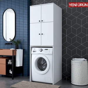 KD114 Çamaşır Makinesi Dolabı 4 Kapaklı 5 Raflı Banyo Dolabı Beyaz