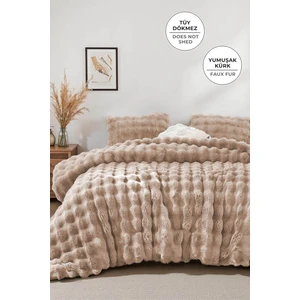 Evlen Home Collection Kürk Yatak Örtüsü Çift Kişilik Dolgulu Peluş Yumuşak Çift Taraflı Yorgan 3 Parça Lory Kahve