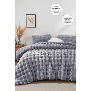 Evlen Home Collection Kürk Yatak Örtüsü Çift Kişilik Dolgulu Peluş Yumuşak Çift Taraflı Yorgan 3 Parça Lory Gri