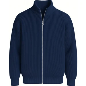 Oversize Selanik Örme Fermuarlı Erkek Hırka- Indigo