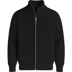 Oversize Selanik Örme Fermuarlı Erkek Hırka- Siyah