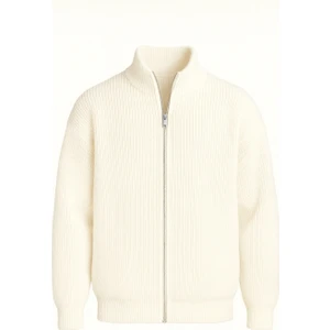 Oversize Selanik Örme Fermuarlı Erkek Hırka- Ekru