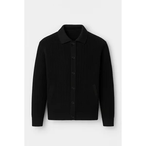 Oversize Selanik Örgü Düğmeli Erkek Hırka-Siyah