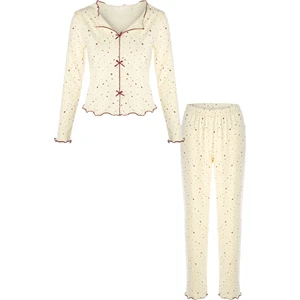 Kadın Pamuklu Çıtır Çiçek Desenli Baby Overloklu Fiyonk Detaylı Uzun Kollu Pijama Takımı