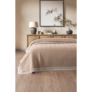 Çift Renkli Kopanaki Dantelli Çift Kişilik Waffle PIKE-210X230 cm Petek Pike-Cappuccino