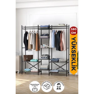 10 Raflı Metal Gardırop Metal Portmanto Açık Gardırop Elbise Dolabı Vestiyer Openix Antrasit