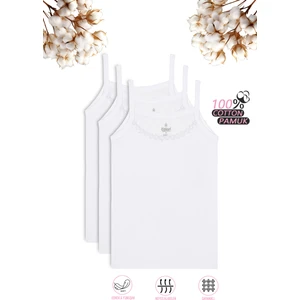 Özkan Underwear 0805 3'lü Paket Kız Çocuk %100 Pamuklu Ribana Esnek Rahat Yakası Brode Papatya Detaylı İp Askılı Atlet