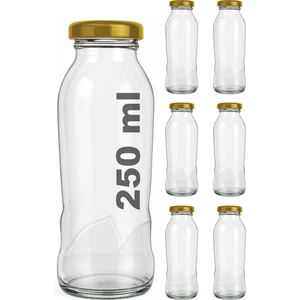 250 ml Dalga Desenli Şeffaf Meyve Suyu, Limonata Şişesi Metal Gold Kapaklı 250 cc Boş Cam Şişe 6 Adet