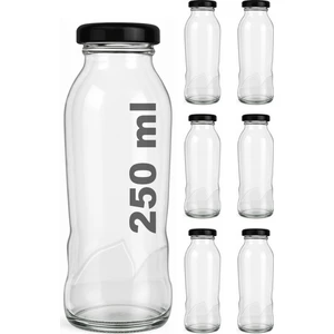 250 ml Dalga Desenli Şeffaf Meyve Suyu, Limonata Şişesi Metal Siyah Kapaklı 250 cc Boş Cam Şişe 6 Adet