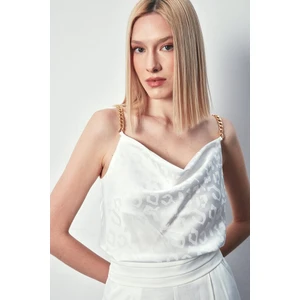 Zincir Askılı Saten Bluz - Ekru