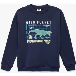 Dinozor Baskılı Şardonlu Uzun Kollu Bisiklet Yaka Sweatshirt