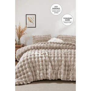 Evlen Home Collection Kürk Yorgan Tek Kişilik Dolgulu Peluş Yumuşak Wellsoft Çift Taraflı Yatak Örtüsü 2 Parça Set Lory Bej