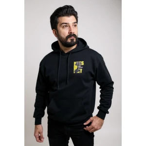 Siyah Kapşonlu Baskılı Erkek Sweatshirt Oversize