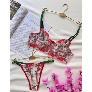 Kadın Yeşil - Kırmızı Dantelli Nakışlı Iç Çamaşır Takımı