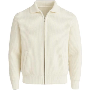 Coppola Selanik Örgü Polo Yaka Cepli Fermuarlı Rahat Kalıp Erkek Triko Hırka - Ekru