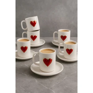 6 Kişilik Beyaz Porselen Kalpli Kahve Fincan Takımı Sunum Fincanı