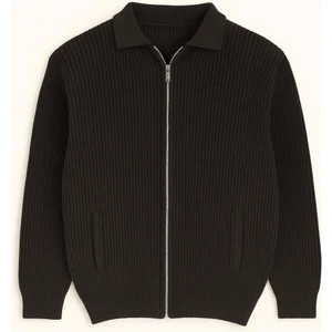 Coppola Selanik Örgü Polo Yaka Cepli Fermuarlı Rahat Kalıp Erkek Triko Hırka - Siyah