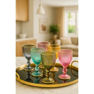 6'lı Cam Renkli Yaldızlı Kahve Yanı Su Bardağı Kadeh Kupa Bardak 75 ml