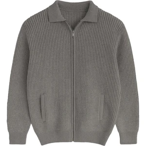 Coppola Selanik Örgü Polo Yaka Cepli Fermuarlı Rahat Kalıp Erkek Triko Hırka - Füme