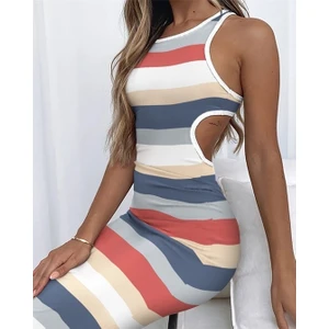 Moderie Butik Kadın Kolsuz Bel Dekolte Detay Şerit Desenli Pegasus Kumaş Elbise