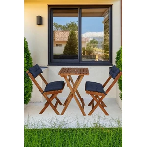 Ahşap 2+1 Katlanabilir Balkon & Bahçe Seti – Lacivert Renk Minderli Masa ve Sandalye Takımı (Montajsız)