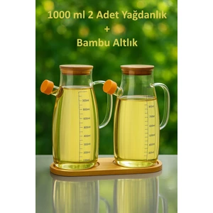 Back Sıne Bambu Kapaklı ve Bambu Altlıklı Borosilikat Cam Yağlık Sirkelik - 3 Lü Set - 2 Adet Yağdanlık ve 1ADET Bambu Stand