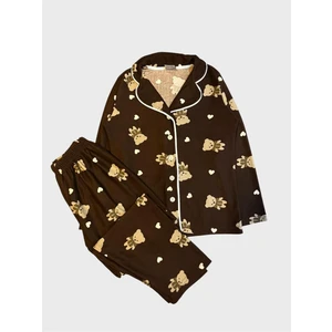 Anne - Kız Pamuklu Süet Kumaş Kahverengi Ayıcık Desenli Gömlek Yaka Düğmeli Pijama Takımı