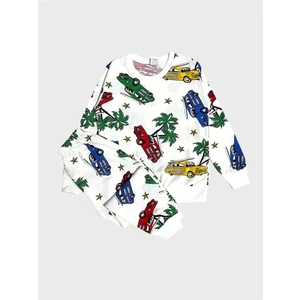 Erkek Çocuk Pamuklu Beyaz Araba Palmiye Desenli Uzun Kollu Mevsimlik Pijama Takımı