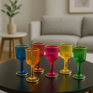 6 Lı Cam Yaldızlı Renkli Kahve Yanı Su Bardağı Kadeh Kupa Bardak 75ML