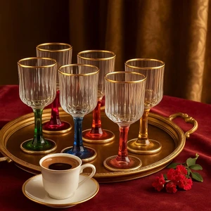 6 Lı Cam Yaldızlı Renkli Kahve Yanı Su Bardağı Kadeh Kupa Bardak 75 ml