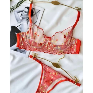 Kadın Turuncu Nakış Işlemeli Transparan Iç Çamaşır Takımı