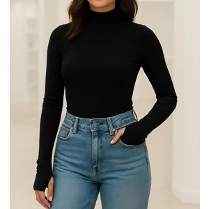 Yumuşak Dokulu Pamuk Dokuma Uzun Kol Dik Yaka Parmak Geçmeli Body Modal T-Shirt