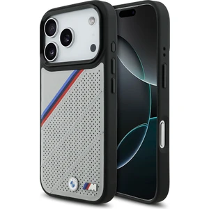 iPhone 17 Pro Kılıf Bmw Lisanslı M-Safe Şarj Özellikli M Logolu Üç Şeritli Delikli Deri Kapak Gri