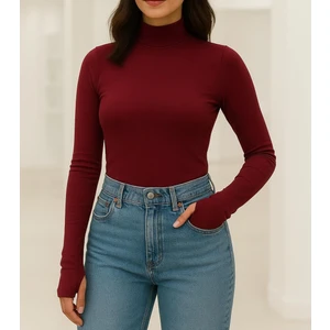 Yumuşak Dokulu Pamuk Dokuma Uzun Kol Dik Yaka Parmak Geçmeli Body Modal T-Shirt