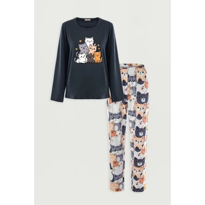 Kadın Gri Pamuklu Kedili Örme Pijama Takımı