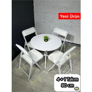 Aras 4 Kişilik Yuvarlak Mutfak Yemek Masası Takımı 4+1 Beyaz Deri 80 cm