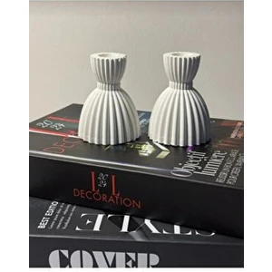 Dekoratif 2’li Şamdan Beton Mumluk Şamdan Beyaz