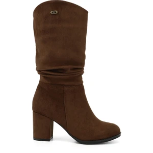 Kadın Kahve Yuvarlak Burun Körüklü Kalın Topuklu Çizme