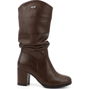 Kadın Kahverengi Yuvarlak Burun Körüklü Kalın Topuklu Çizme