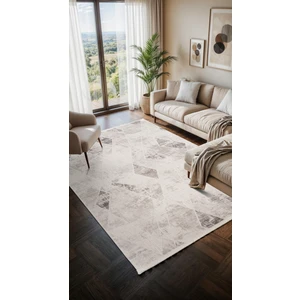 Moon MO104G Krem Halı Geometrik Gri Detaylı Akrilik Pamuk Taban Salon Halısı Yatak Odası Koridor