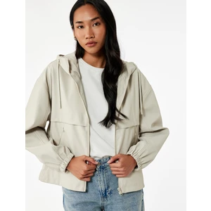 Fermuarlı Kapüşonlu Uzun Kollu Suni Deri Yağmurluk