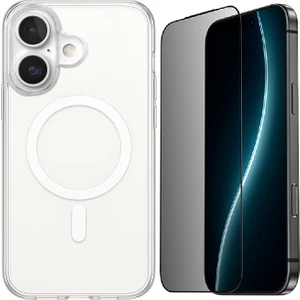 iPhone 17 Kılıf M-Safe Şarj Özellikli Şeffaf Sert Pc Zore Embos Kapak + Hayalet Ekran Koruyucu