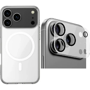 iPhone 17 Pro Kılıf M-Safe Şarj Özellikli Şeffaf Sert Pc Zore Embos Kapak + Cam Kamera Lens Koruyucu